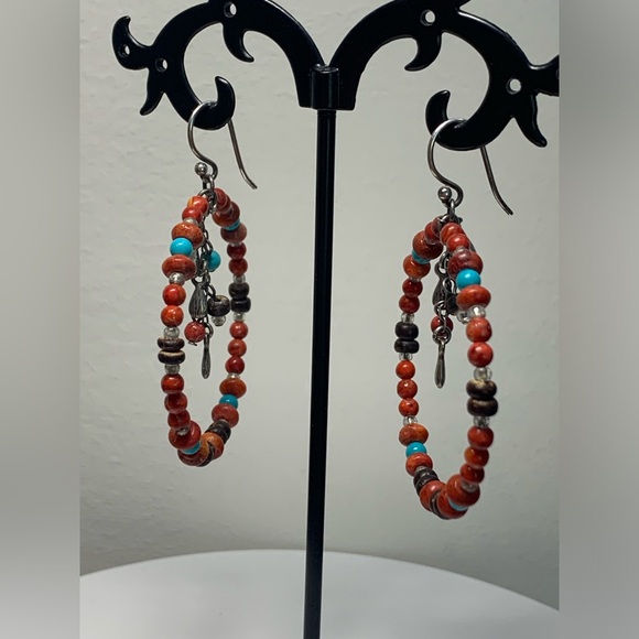 Silpada Rare Sterling Silver Coral, Turquoise, Wood, Shell Bead Hoop Earrings - Picture 3 of 16